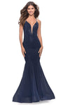 V-neck Illusion Sheer Sequined Open-Back Mermaid Natural Waistline Tulle Spaghetti Strap Plunging Neck Prom Dress with a Brush/Sweep Train With Rhinestones