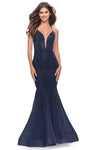 V-neck Plunging Neck Tulle Spaghetti Strap Sequined Illusion Sheer Open-Back Mermaid Natural Waistline Prom Dress with a Brush/Sweep Train With Rhinestones