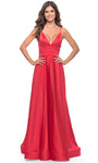 A-line V-neck Back Zipper Ruched Slit V Back Natural Waistline Sleeveless Spaghetti Strap Floor Length Satin Prom Dress with a Brush/Sweep Train