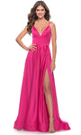 A-line V-neck Natural Waistline Satin Sleeveless Spaghetti Strap Back Zipper Slit Ruched V Back Floor Length Prom Dress with a Brush/Sweep Train