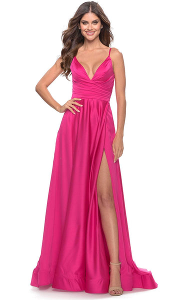 A-line V-neck Natural Waistline Satin Floor Length V Back Slit Ruched Back Zipper Sleeveless Spaghetti Strap Prom Dress with a Brush/Sweep Train