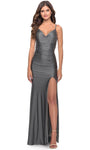 Sexy Slit Beaded Jersey Spaghetti Strap Sheath Cowl Neck Corset Natural Waistline Sheath Dress/Prom Dress with a Brush/Sweep Train With Rhinestones