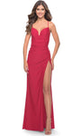 Sophisticated V-neck Floor Length Sleeveless Spaghetti Strap Open-Back Ruched Lace-Up Slit Natural Waistline Jersey Sheath Sheath Dress/Prom Dress