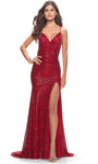 V-neck Natural Waistline Spaghetti Strap Sequined Lace-Up Slit Fall Mermaid Prom Dress with a Brush/Sweep Train