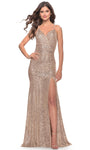 V-neck Fall Mermaid Spaghetti Strap Lace-Up Slit Sequined Natural Waistline Prom Dress with a Brush/Sweep Train