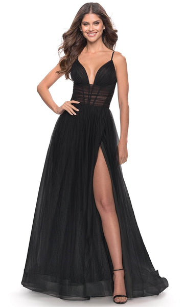 A-line Tulle Sweetheart Sleeveless Spaghetti Strap Slit Illusion Natural Waistline Floor Length Prom Dress