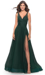 A-line V-neck Tulle Floor Length Open-Back Slit Ruched Natural Waistline Sleeveless Evening Dress