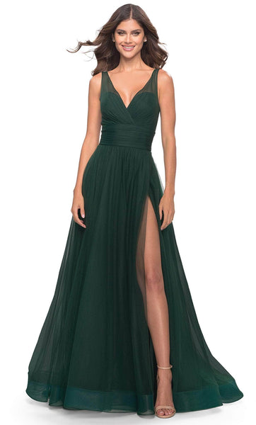 A-line V-neck Sleeveless Floor Length Natural Waistline Slit Ruched Open-Back Tulle Evening Dress