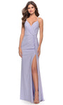 V-neck Jersey Sheath Slit Ruched Gathered Lace-Up Draped Spaghetti Strap Natural Waistline Sheath Dress/Prom Dress with a Brush/Sweep Train