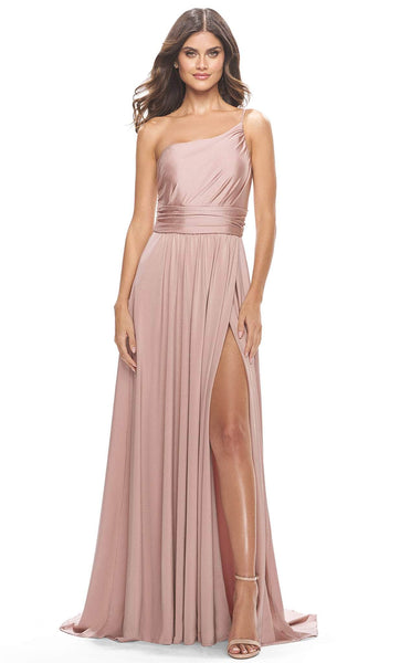 A-line One Shoulder Spaghetti Strap Slit Gathered Open-Back Ruched Asymmetric Natural Waistline Jersey Prom Dress with a Brush/Sweep Train
