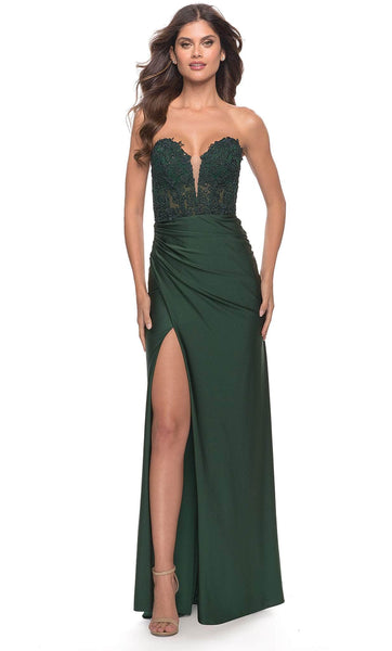 Sexy Sophisticated Strapless Sheath Natural Waistline Floral Print Plunging Neck Sweetheart Illusion Sheer Draped Slit Semi Sheer Sheath Dress/Prom Dress with a Brush/Sweep Train With Rhinestones