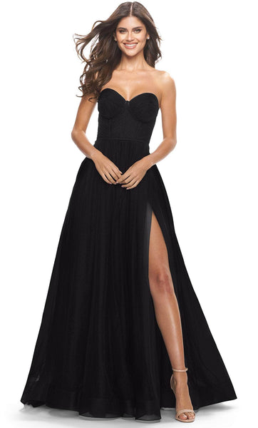 A-line Strapless Corset Natural Waistline Sheer Back Zipper Slit Tulle Floor Length Sweetheart Evening Dress/Prom Dress