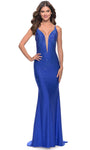 V-neck Jersey Sheath Illusion Lace-Up Beaded Sheer Spaghetti Strap Plunging Neck Natural Waistline Sheath Dress/Prom Dress with a Brush/Sweep Train With Rhinestones