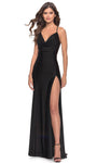 Jersey Natural Waistline Slit Lace-Up Cowl Neck Spaghetti Strap Sheath Sheath Dress/Prom Dress with a Brush/Sweep Train With Rhinestones