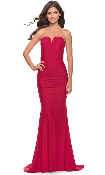 V-neck Strapless Natural Waistline Mermaid Ruched Gathered Jersey Prom Dress with a Brush/Sweep Train