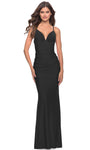 V-neck Spaghetti Strap Sheath Lace-Up Ruched Sheer Jersey Empire Waistline Sheath Dress/Prom Dress with a Brush/Sweep Train