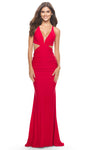 V-neck Plunging Neck Mermaid Pleated Back Zipper Cutout Self Tie Open-Back Natural Waistline Jersey Sleeveless Evening Dress with a Brush/Sweep Train