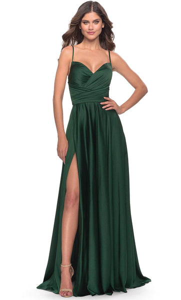 A-line Sweetheart Floor Length Sleeveless Spaghetti Strap Natural Waistline Slit Ruched V Back Satin Evening Dress/Prom Dress with a Brush/Sweep Train