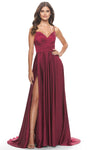 A-line Floor Length Sweetheart Sleeveless Spaghetti Strap Satin Natural Waistline Ruched V Back Slit Evening Dress/Prom Dress with a Brush/Sweep Train