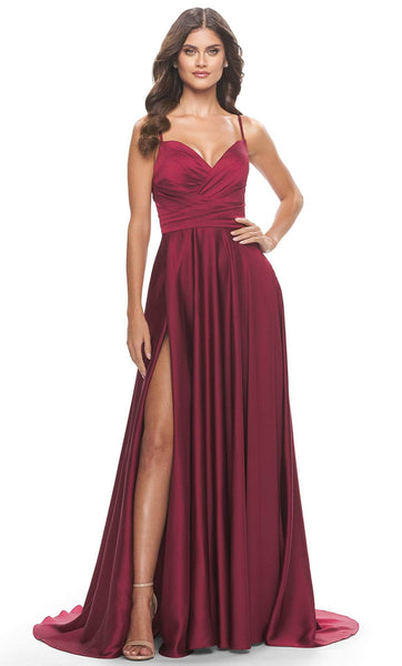 A-line Sleeveless Spaghetti Strap Floor Length Satin Slit V Back Ruched Natural Waistline Sweetheart Evening Dress/Prom Dress with a Brush/Sweep Train
