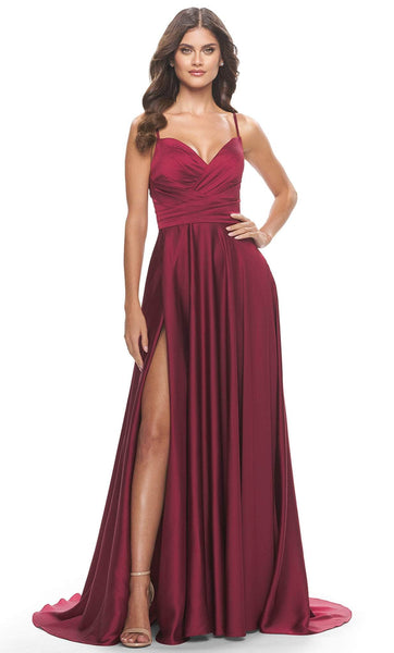 A-line Sleeveless Spaghetti Strap Sweetheart Satin Ruched Slit V Back Natural Waistline Floor Length Evening Dress/Prom Dress with a Brush/Sweep Train