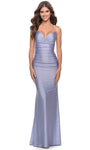 Sophisticated V-neck Jersey Spaghetti Strap Bandeau Neck Lace-Up Open-Back Cutout Beaded Ruched Natural Waistline Sheath Sheath Dress/Prom Dress with a Brush/Sweep Train With Rhinestones