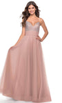 A-line V-neck Tulle Spaghetti Strap Ruched Beaded Banding Tiered Open-Back Slit Empire Waistline Prom Dress with a Brush/Sweep Train With Rhinestones