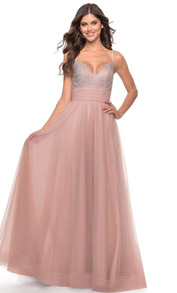 A-line V-neck Tiered Open-Back Slit Ruched Banding Beaded Spaghetti Strap Empire Waistline Tulle Prom Dress with a Brush/Sweep Train With Rhinestones