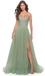 A-line V-neck Empire Waistline Tulle Spaghetti Strap Open-Back Beaded Slit Tiered Banding Ruched Prom Dress with a Brush/Sweep Train With Rhinestones