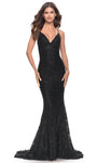 V-neck Floor Length Natural Waistline Plunging Neck Fitted Beaded Open-Back Lace Mermaid Sleeveless Spaghetti Strap Dress with a Brush/Sweep Train