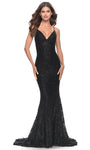 V-neck Sleeveless Spaghetti Strap Lace Beaded Fitted Open-Back Floor Length Plunging Neck Natural Waistline Mermaid Dress with a Brush/Sweep Train