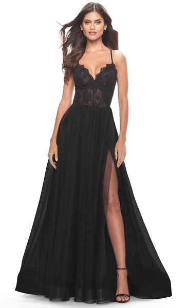 A-line Natural Waistline Floor Length Slit Sheer Open-Back Lace-Up Sweetheart Sleeveless Spaghetti Strap Evening Dress with a Brush/Sweep Train