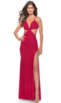 V-neck Slit Back Zipper Cutout Plunging Neck Sleeveless Spaghetti Strap Sheath Jersey Natural Waistline Sheath Dress/Prom Dress with a Brush/Sweep Train