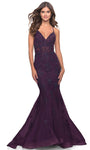 V-neck Floor Length Sleeveless Spaghetti Strap Tulle Open-Back Lace-Up Embroidered Fitted Plunging Neck Natural Waistline Fit-and-Flare Mermaid Party Dress with a Brush/Sweep Train