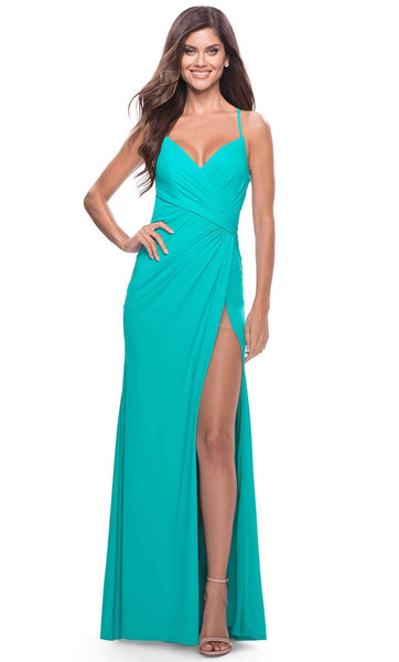V-neck Jersey Plunging Neck Sleeveless Spaghetti Strap Lace-Up Pleated Ruched Back Zipper Slit Sheath Natural Waistline Sheath Dress/Prom Dress with a Brush/Sweep Train