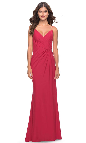 V-neck Jersey Sheath Plunging Neck Sleeveless Spaghetti Strap Back Zipper Pleated Ruched Lace-Up Slit Natural Waistline Sheath Dress/Prom Dress with a Brush/Sweep Train