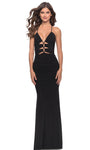 V-neck Natural Waistline Sheath Lace-Up Back Zipper Fitted Cutout Floor Length Jersey Sleeveless Spaghetti Strap Sheath Dress/Evening Dress/Prom Dress