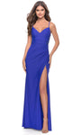 V-neck Sheath Floor Length Ruched Open-Back Sheer Slit Lace-Up Jersey Sleeveless Spaghetti Strap Natural Waistline Sheath Dress/Prom Dress with a Brush/Sweep Train