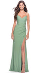 V-neck Floor Length Slit Sheer Open-Back Lace-Up Ruched Jersey Sheath Natural Waistline Sleeveless Spaghetti Strap Sheath Dress/Prom Dress with a Brush/Sweep Train