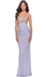 Sophisticated Sleeveless Floor Length Lace-Up Ruched Open-Back Jersey Scoop Neck Natural Waistline Sheath Sheath Dress/Prom Dress with a Brush/Sweep Train With Rhinestones