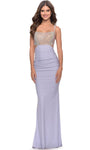 Sophisticated Jersey Open-Back Lace-Up Ruched Sleeveless Floor Length Scoop Neck Sheath Natural Waistline Sheath Dress/Prom Dress with a Brush/Sweep Train With Rhinestones