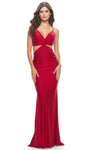 V-neck Natural Waistline Jersey Open-Back Ruched Back Zipper Cutout Pleated Sleeveless Spaghetti Strap Sheath Sheath Dress/Evening Dress with a Brush/Sweep Train With Rhinestones