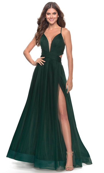 A-line V-neck Sleeveless Spaghetti Strap Cutout Sheer Ruched Pleated Slit Plunging Neck Tulle Natural Waistline Evening Dress/Party Dress with a Brush/Sweep Train