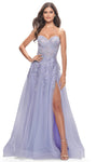 A-line Strapless Sweetheart Natural Waistline Ruched Flowy Slit Fitted Applique Lace-Up Floor Length Evening Dress