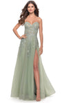 A-line Strapless Floor Length Natural Waistline Flowy Fitted Lace-Up Ruched Applique Slit Sweetheart Evening Dress