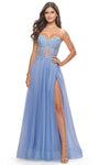 A-line Strapless Sweetheart Slit Sheer Applique Floor Length Natural Waistline Prom Dress With Rhinestones