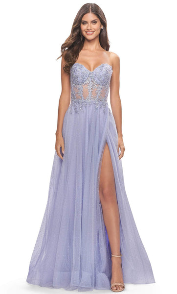A-line Strapless Sweetheart Floor Length Sheer Applique Slit Natural Waistline Prom Dress With Rhinestones