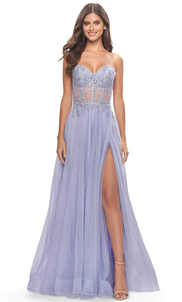 A-line Strapless Floor Length Natural Waistline Sweetheart Slit Sheer Applique Prom Dress With Rhinestones