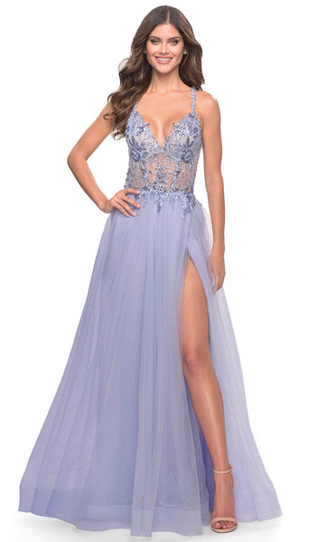 A-line V-neck Beaded Slit Sequined Back Zipper Applique Sheer Open-Back Natural Waistline Sleeveless Spaghetti Strap Prom Dress/Party Dress with a Brush/Sweep Train