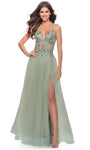 A-line V-neck Sleeveless Spaghetti Strap Slit Sheer Sequined Beaded Applique Open-Back Back Zipper Natural Waistline Prom Dress/Party Dress with a Brush/Sweep Train